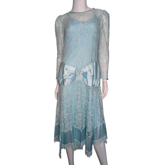Vintage Sheer Lace Satin Dress 10 Asymmetric Hem Drop Waist Bow Flapper Gatsby - Picture 1 of 5